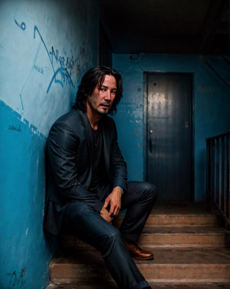 !00119-736618450-keanu reeves sitting on staircase, dark blue blazer and trousers, doors on background BREAK podjezd, graffity on peeled walls, g.png